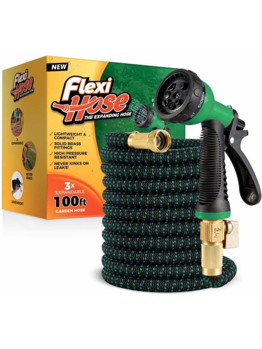 Flexi Hose with 8 Function Nozzle, 100FT - Lightweight Expandable Garden Hose